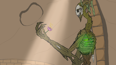 Illustratie van een skelet en zombie in graffitimuralstijl.