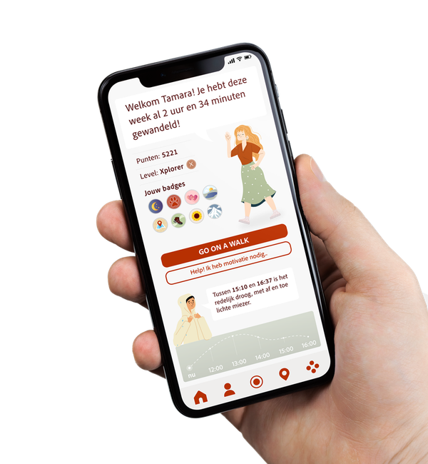 Hand houdt een smartphone vast met een app-ontwerp op het scherm.
