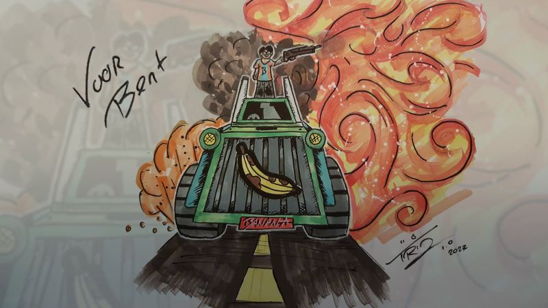 Getekende cartoon met de handgeschreven tekst Voor Bent. Een figuur met een geweer staat boven op een groene monstertruck met bananen op de grille, tegen een achtergrond van vlammen en rook.